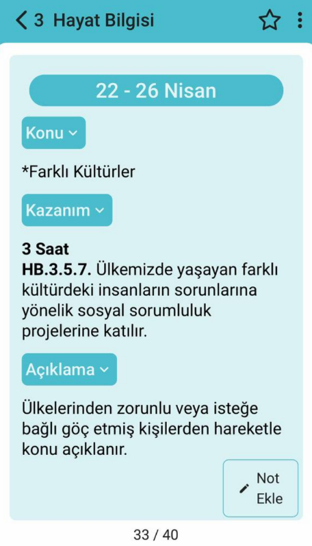 👨‍🎓Ekte MEB İlkokul 3 Hayat Bilgisi müfredatından iki görsel görüyorsunuz. İlkinde 15-19 Nisan arasında (23 Nisandan önceki hafta!) milli birlik ve beraberliğin 15 Temmuzla anlatılması, ikincisinde göç edenlerle empati yaparak ülkemizde yaşayan farklı kültürlerdeki insanların