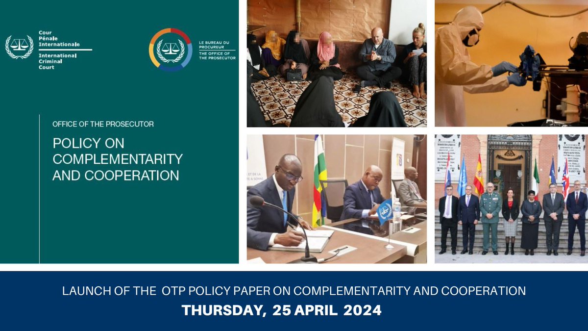 📢Tomorrow: #ICC Office of the Prosecutor will launch its Policy on #Complementarity & Cooperation from field locations. ⚖️Builds on commitment to bring justice closer to communities 🤝Outlines 2-track approach to pursue complementarity & effective investigations & prosecutions