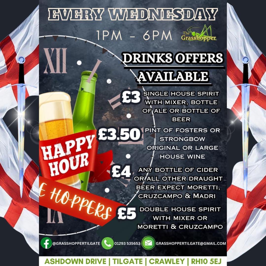 🍻🍷HAPPY HOUR AT THE HOPPERS 🍷🍻
     ⏰EVERY WEDNESDAY || 1PM - 6PM⏰

#happyhour #happyhourspecials #happyhumpday #thegrasshoppertilgate #crawley #WestSussex