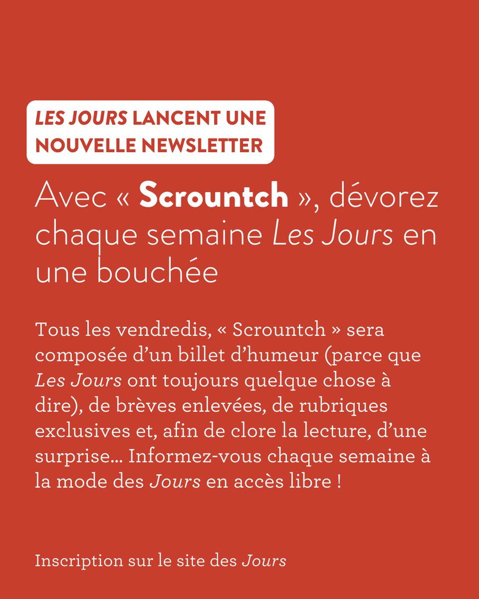 Lesjoursfr's tweet photo. 🌟SCROUNTCH, «LES JOURS» EN UNE BOUCHÉE
«Les Jours» lancent une nouvelle newsletter grauite! Chaque vendredi, découvrez l’actu à la mode des «Jours»: billet d’humeur, brèves enlevées, surprise…
Inscrivez-vous pour recevoir le premier numéro vendredi! 
➡️ https://t.co/51D1FW1lK1 https://t.co/E9her8GUMX