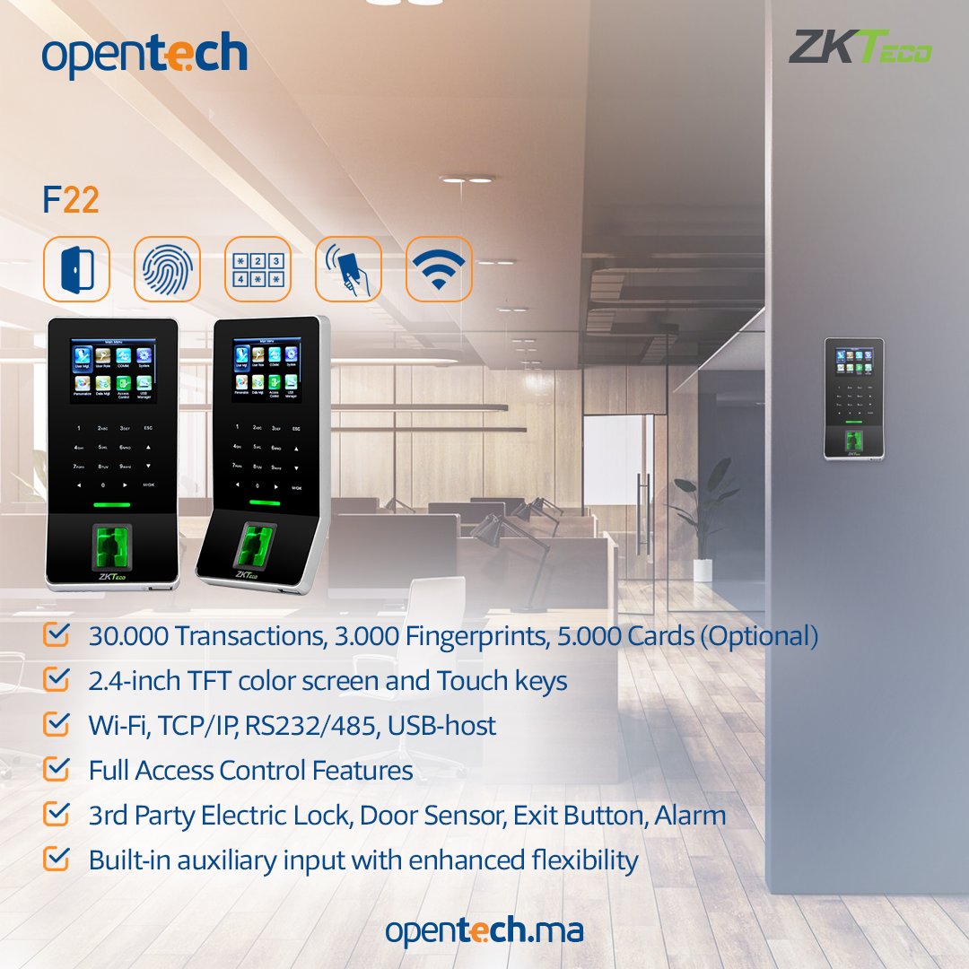 _OPENTECH_'s tweet photo. The F22 by ZKTeco redefines access control and time attendance. Its slim design and advanced features offer unmatched convenience and security 💼🔒
#ZKTeco #AccessControl #TimeAttendance #FingerprintTechnology #Biometrics #OPENTECH https://t.co/OCRP9gvxAT