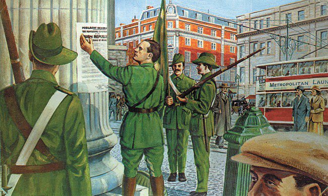 At 4 minutes past noon on 24 April 1916, Pádraig Pearse walks onto O’Connell Street in Dublin and reads the Proclamation on behalf of the Provisional Government, proclaiming the whole of Ireland as a Sovereign Independent Republic. Our National Flag is raised above the GPO.