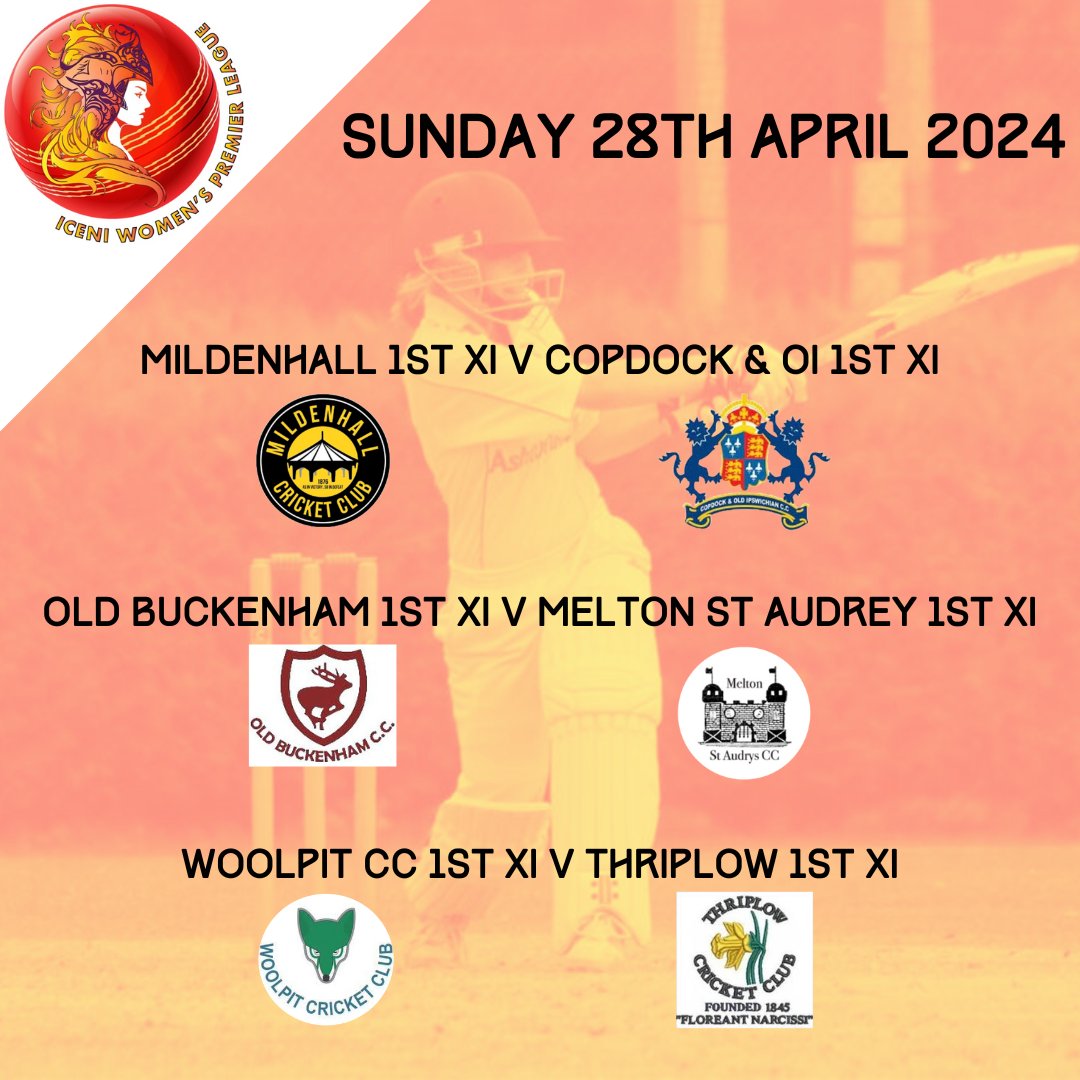 Iceni Women's Premier Cricket League (@iceniwpl) on Twitter photo 🏏FIXTURES: Iceni Womens Premier League🏏
This weekend sees our FIRST ever #IceniWPL matches take place & we are so excited
📍 <a href="/MildenhallCrick/">Mildenhall Cricket Club</a> v <a href="/CopdockOlCC/">Copdock & Old Ipswichian Cricket Club</a>
📍 <a href="/OldBuckenhamCC/">Old Buckenham CC</a> v <a href="/Melton_Cricket/">Melton St Audry’s & Achilles CC</a>
📍 <a href="/WoolpitCC/">Woolpit CC</a> v <a href="/ThriplowCC/">Thriplow CC</a>
#WomensCricket #PremierLeague #Cricket 🏏FIXTURES: Iceni Womens Premier League🏏
This weekend sees our FIRST ever #IceniWPL matches take place & we are so excited
📍 <a href="/MildenhallCrick/">Mildenhall Cricket Club</a> v <a href="/CopdockOlCC/">Copdock & Old Ipswichian Cricket Club</a>
📍 <a href="/OldBuckenhamCC/">Old Buckenham CC</a> v <a href="/Melton_Cricket/">Melton St Audry’s & Achilles CC</a>
📍 <a href="/WoolpitCC/">Woolpit CC</a> v <a href="/ThriplowCC/">Thriplow CC</a>
#WomensCricket #PremierLeague #Cricket
