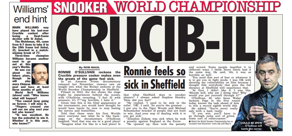 🎱 Ronnie O'Sullivan reckons the Crucible pressure cooker makes even the greats of the game feel sick. An Amazon Prime film released last November showed the stage fright the Rocket experiences behind the scenes 🎱 Mark Williams may have played his last-ever Crucible contest