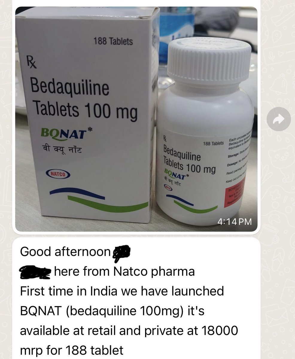 Just received this message. Is Bedaquiline being sold at pharmacies?Given the track-record of antibiotic abuse and irrational prescriptions for TB,this has the potential for making us lose a precious drug for MDR TB. @ChapalMehra @MalathyIyerTOI @nandita_venky @doctorsoumya