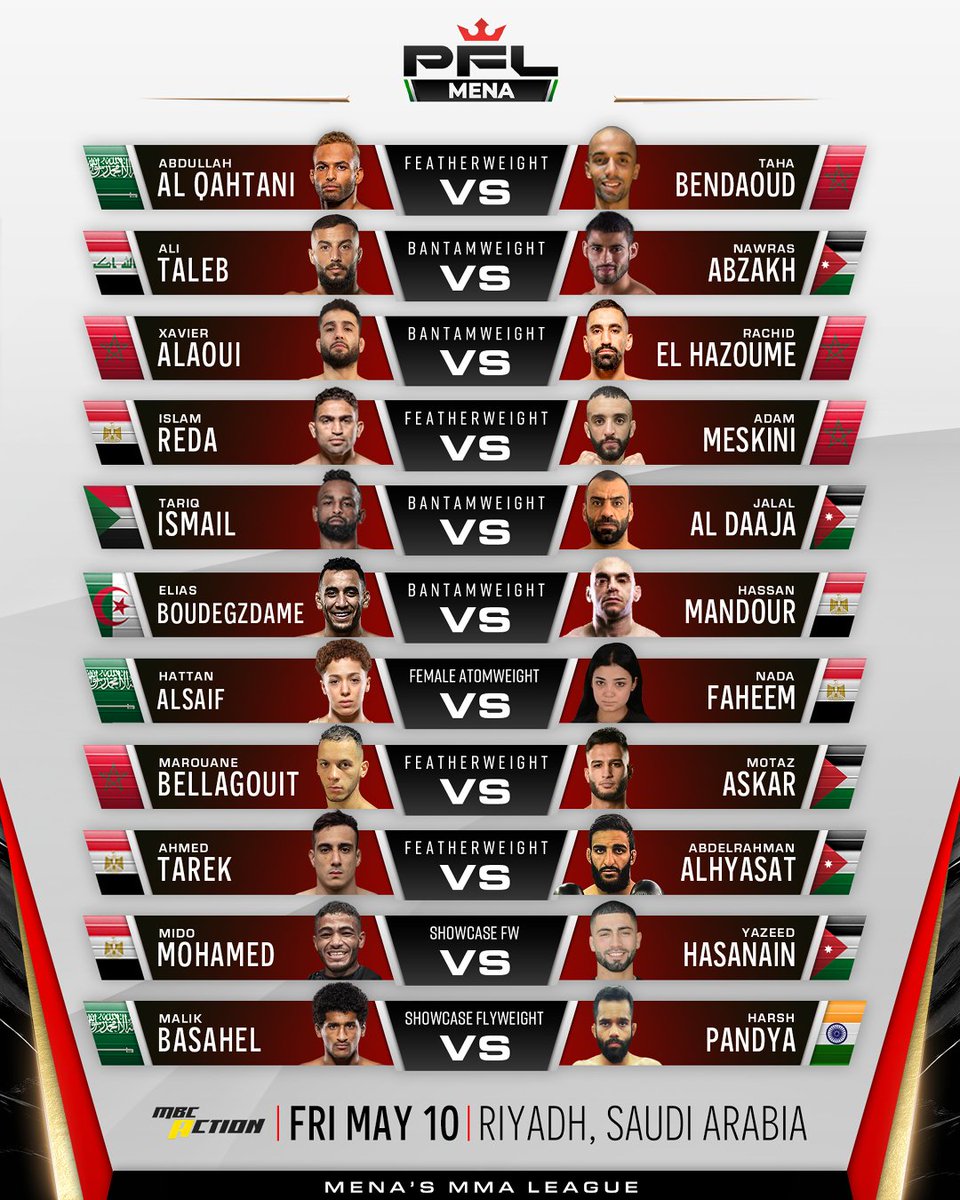 Step into the smart cage with the best of the best!

On May 10th, Riyadh becomes the battleground for our bantamweight and featherweight warriors, with 8 fighters in each weight class vying for supremacy.

#PFL #MMA #MakingHistory #SaudiArabia #MENA

@pflmma @mosgovsa @smmafksa