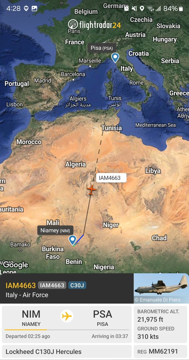 Borrowed7Time's tweet photo. Italian AF C-130J MM62191 #33FFE5 as IAM4663 departed Niamey for Pisa as Belgian AF A400M CT-07 #44F687 as BAF654 tracks to Cotonou from Brussels via Zaragoza.
@Dinlas3 @fabsenbln https://t.co/Y20HH3J4iQ