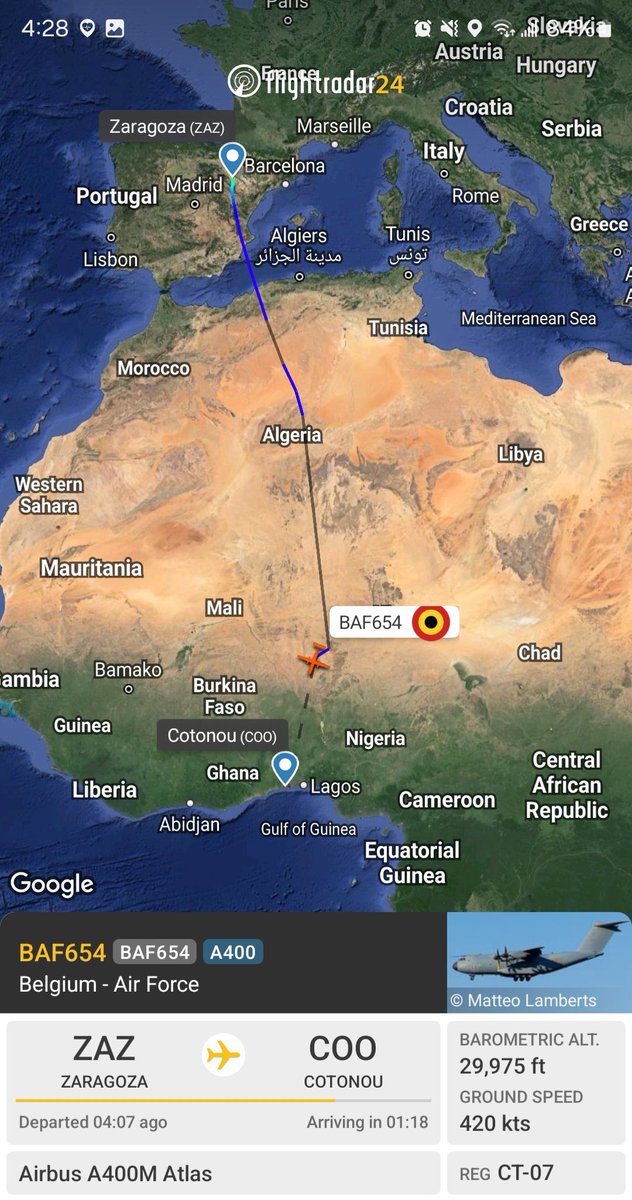Borrowed7Time's tweet photo. Italian AF C-130J MM62191 #33FFE5 as IAM4663 departed Niamey for Pisa as Belgian AF A400M CT-07 #44F687 as BAF654 tracks to Cotonou from Brussels via Zaragoza.
@Dinlas3 @fabsenbln https://t.co/Y20HH3J4iQ