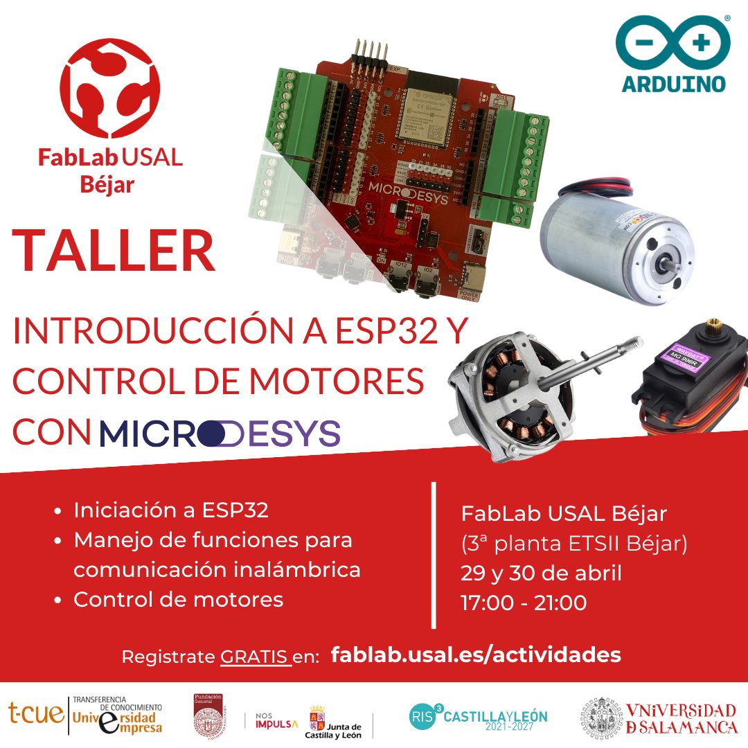 ¡Domina el potente ESP32 con un taller introductorio (29 abr) y de control de motores (30 abr)!  🚀🚀  

📝 forms.gle/W3UFoCPXX1JTNN…
📆 29-30 abr
⌚ 17-21h
🌐 FabLab USAL Béjar
❗ Portátil propio
 
#Robotica #Microdesys #Arduino

@etsii_bejar
@fgusal
@fablabusal
@usal