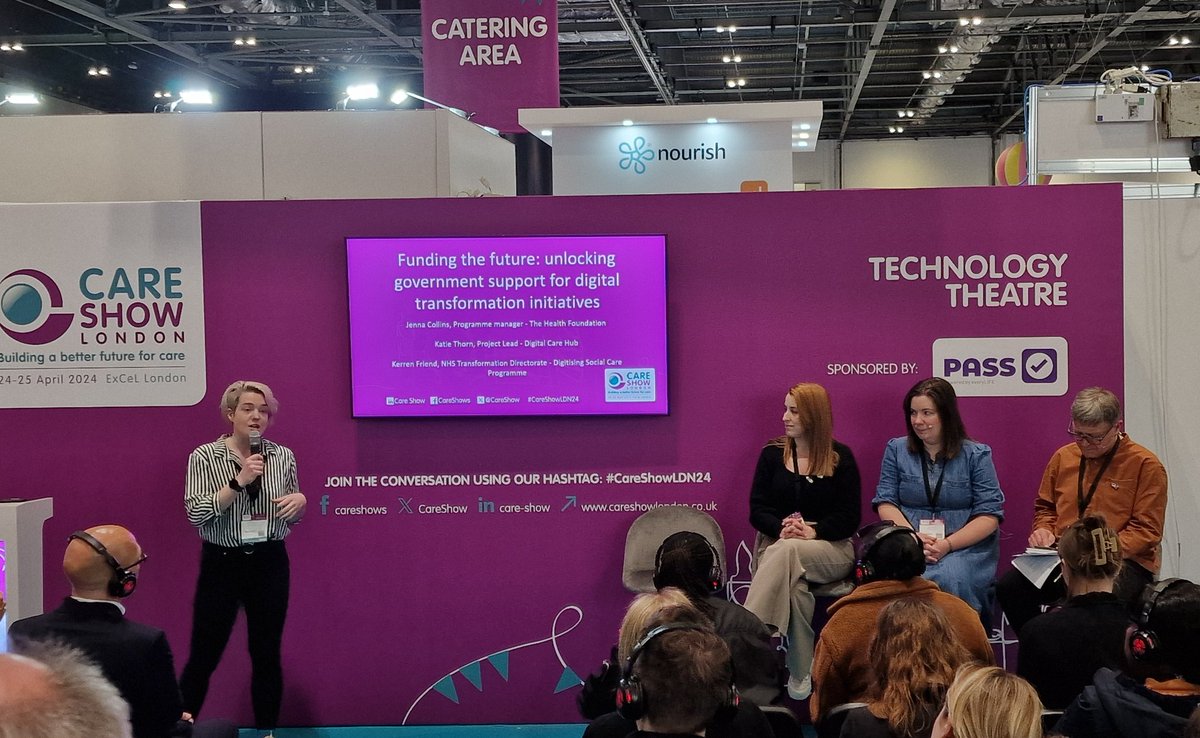 DigitalCareHub's tweet photo. And now Digital Care Hub's @KatieMThorn chairs a panel with @DigiSocCare &amp; @HealthFdn colleagues on how #AdultSocialCare can make the most of funding available for digital initiatives 

#CareShowLDN24 @CareShow https://t.co/VOofh2TMw3