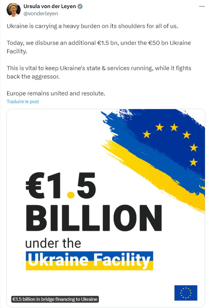 Ursula von der Leyen annonce à l'instant 1,5 milliard d'euros pour les hôpitaux français ! Non, je plaisante, c'est toujours pour la guerre en Ukraine...
