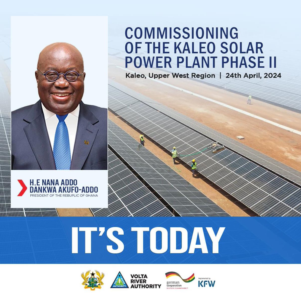 NanaKwame_off's tweet photo. 🔖 – President Nana Addo Dankwa Akufo-Addo (@NAkufoAddo) will commission the 15MW peak Kaleo Solar Power Plant Phase II today. 

It is the second phase (II) of the first phase of the 13MW peak solar project executed by the VRA, which was inaugurated in August 2022 by President Akufo-Addo.

This second phase brings the total capacity of solar projects executed in the area to 28MW.

Phase I & II of the Kaleo Solar Power Plant will produce enough power for the consumption of more than 75,000 households in the Upper West Region of Ghana. 🔋🇬🇭

#KeepingTheLightOn