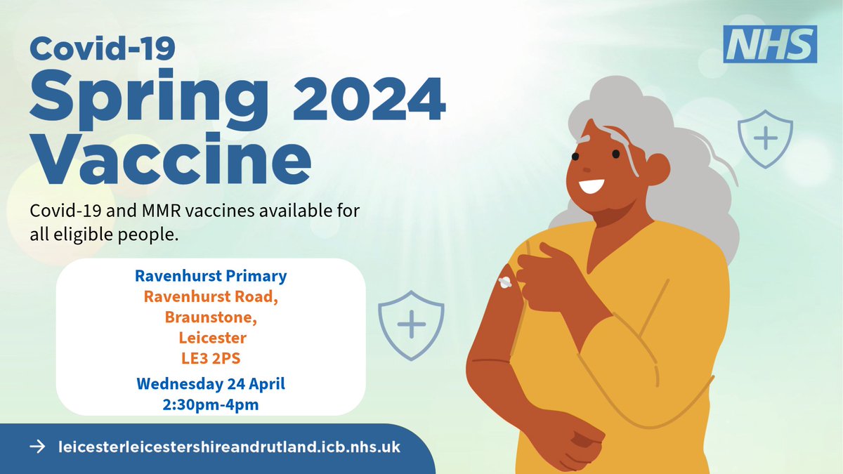 If you’re eligible, top up your protection against Covid-19 and MMR by getting vaccinated today between 2:30pm and 4pm, at our walk-in clinic at Ravenhurst Primary School, Braunstone, LE3 2PS. Check if you are eligible here: bit.ly/LLRVaccinations