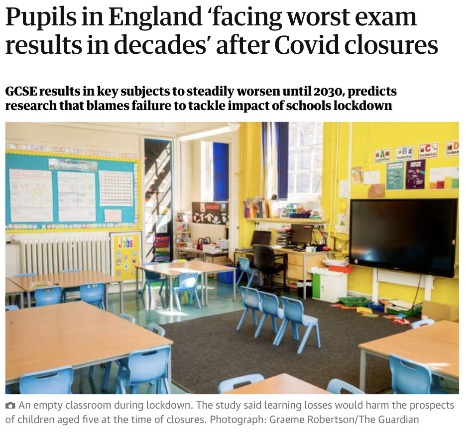 Headline in the Guardian - 'Pupils in England ‘facing worst exam results in decades’ after Covid closures' And who cheered on these horrifically damaging restrictions at every turn, @guardian? Millions of children were utterly failed by lockdowns. Not projections, reality.