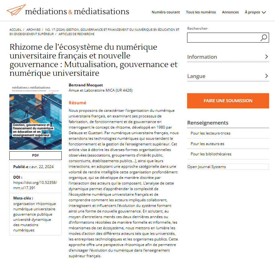 <a href="/TELUQ/">Université TÉLUQ</a> <a href="/ExploreWellcome/">Wellcome Collection</a> #autopromo #Fier #heureux
Mocquet, B. (2024). Rhizome de l’écosystème du numérique universitaire français et nouvelle gouvernance : Mutualisation, gouvernance et numérique universitaire. Médiations Et médiatisations, (17), 29–57. doi.org/10.52358/mm.vi…
