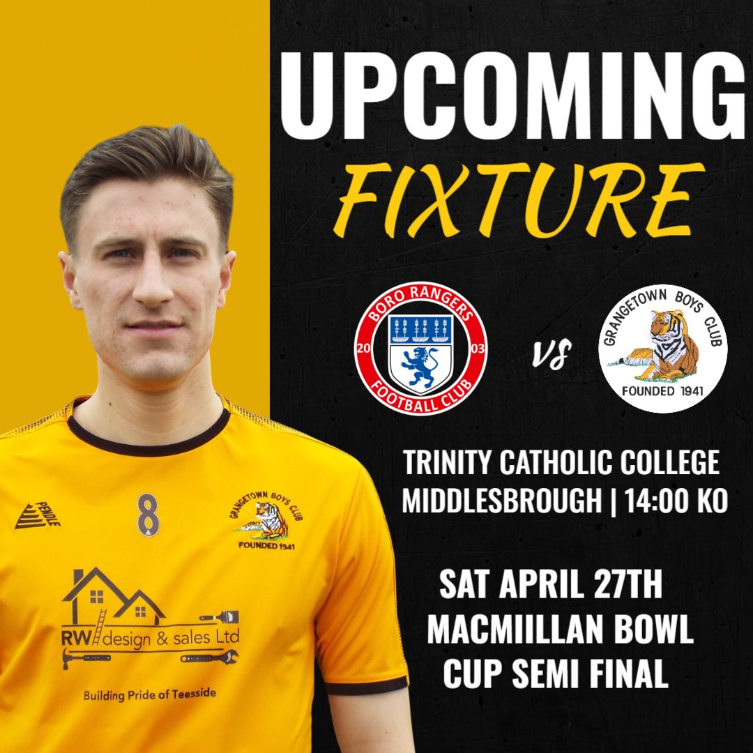 GrangetownBC's tweet photo. 🏆Cup Semi Final on Saturday🏆

🆚️ @BoroRangersU23s
🗓 Sat 27th April
🕑 2.00pm KO
🏟️ Trinity Catholic College https://t.co/447566k0cX
