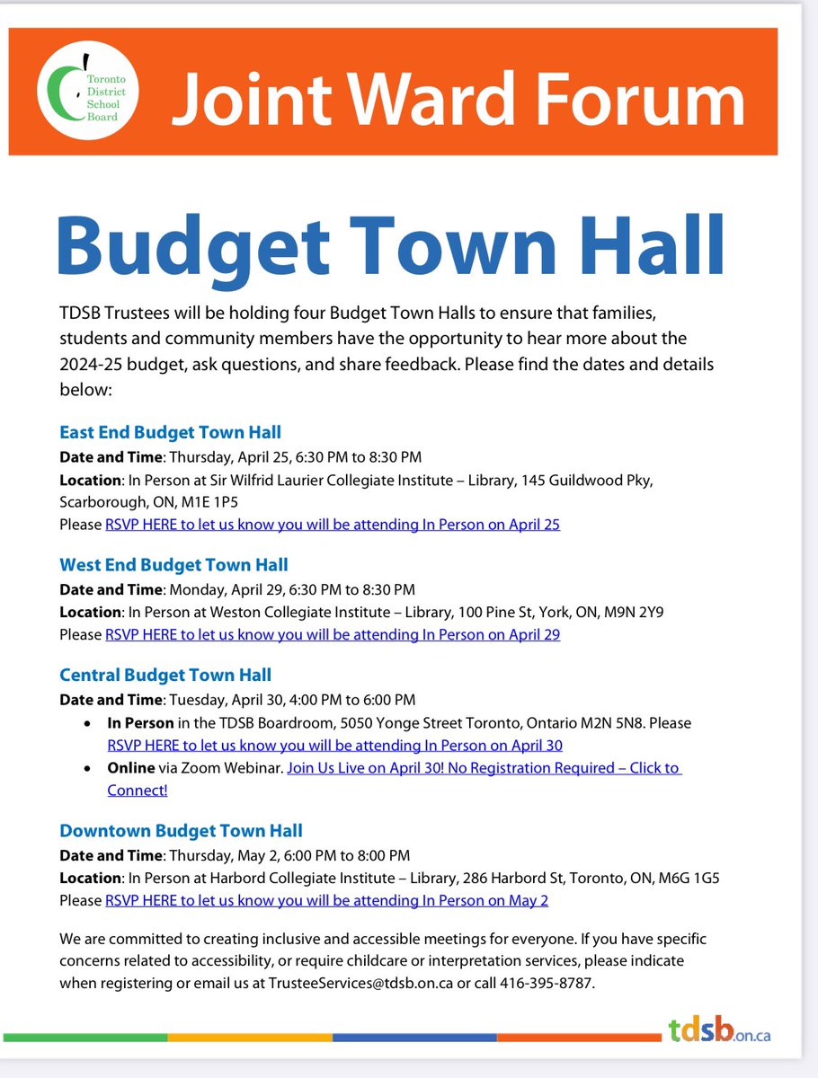 Concerned about Tdsb budget cuts brought on by provincial underfunding? Complete the Tdsb budget survey now online at tdsb.ca1.qualtrics.com/jfe/form/SV_06…

Also a downtown budget town hall has been added for Thurs May 2! Register and more info for all town halls at Tdsb.on.ca/budget