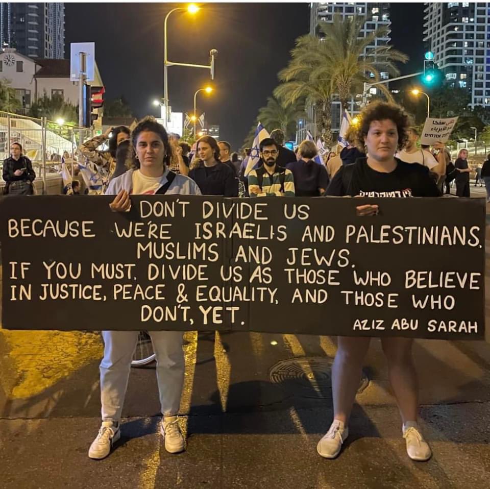 Powerful words from @AzizAbuSarah in his @TEDTalks conversation with @maozinon, harnessed days later by Israeli peace activists on streets of Tel Aviv. You love to see it ❤️