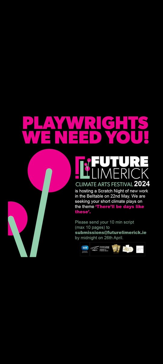 Last few days to submit your ten min climate themed plays to FUTURE LIMERICK Climate Arts Festival (deadline this Friday at midnight!) Email yours to submission@futurelimerick.ie And plz share ♥️