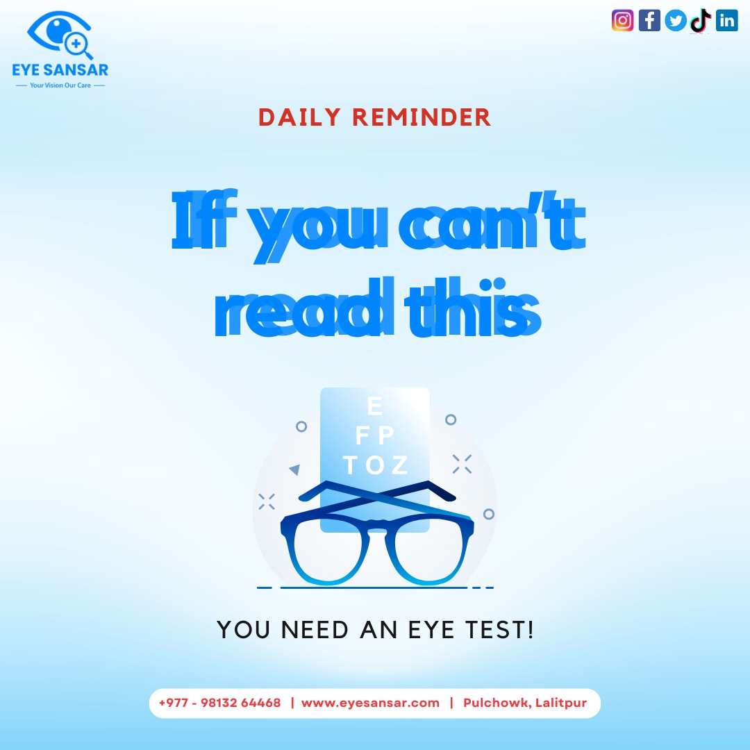 Eyesight is irreplaceable! 
Take care of it with regular eye examinations.

For more Info-
981-3264468

#eyesansar #eyetest #eyecheckup #eyecare #clearview #eyesight #reminders #visioncare #eyehealth #clearvision #eyeprotection #style #lalitpur #kathmandu #nepal