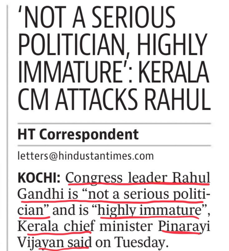 Ironically, it is Kerala chief minister and INDI ally Pinarayi Vijayan who called Rahul Gandhi a non-serious and immature politician just yesterday