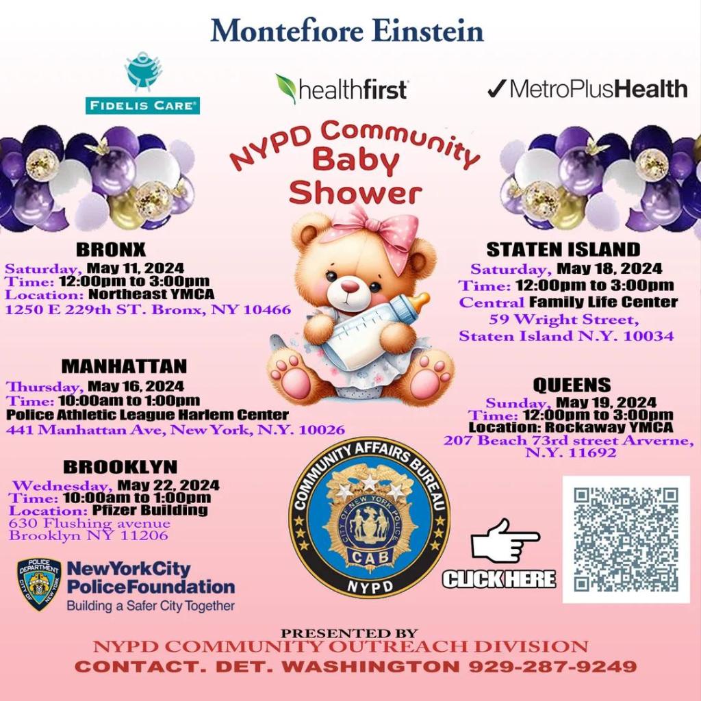 Our @NYPDnews Community Baby Showers are back! Kicking off in every borough — all new or soon to be mothers, please register for the FREE event with the QR code or link below! Register via : eventbrite.com/cc/nypd-commun…