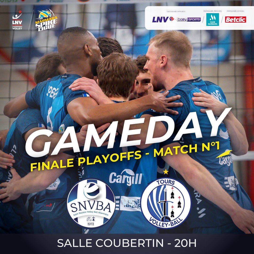 𝗝𝗢𝗨𝗥 𝗗𝗘 𝗙𝗜𝗡𝗔𝗟𝗘 🌊 Aujourd'hui marque le début de la toute première finale des playoffs dans l'histoire du SNVBA ! 🤩 📍Gymnase Coubertin 🆚 @ToursVolleyBall ⌚ 20h 🎟️ Le match se tiendra à guichet fermé 📺 beIN Sports / LNV TV/ Gymnase Fogel