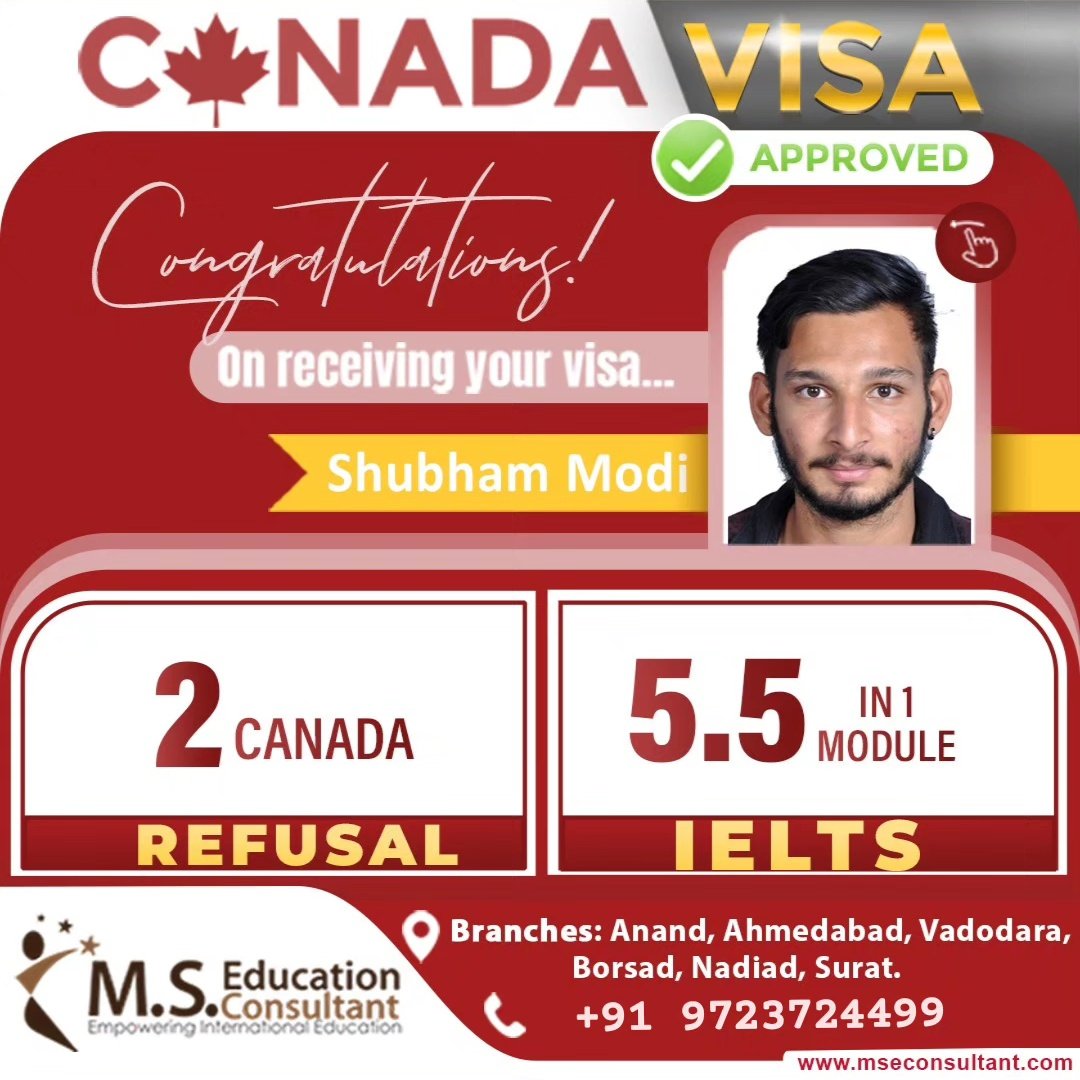 Congrats!!! 🌟 Shubham Modi for Canada 🇨🇦 Student Visa 💐

🔸Successful Canada Student Visa even after 2 refusal
🔸5.5 IELTS Bands in 1 module

#MSEducationConsultant #StudentVisa #StudyAbroad #IELTS #toefl #pte #Immigration #StudyInCanada #bestvisaconsultant #bestieltscoaching