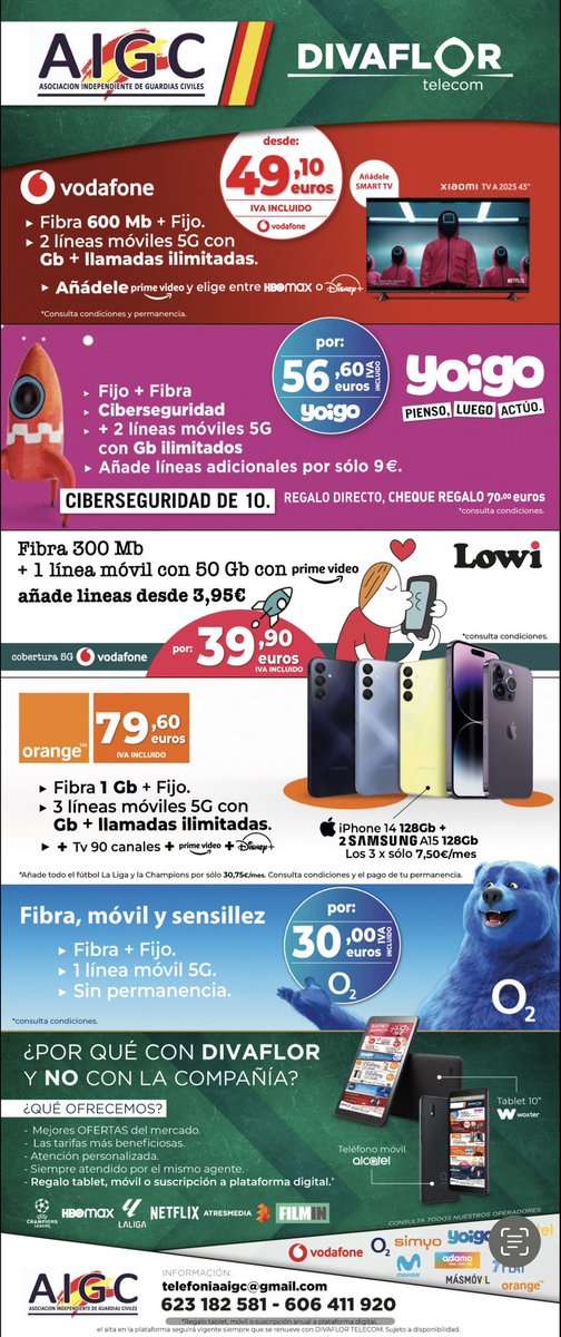 Hecha un ojo a las ofertas que nos mandan nuestros amigos de @Divaflor_telecom #GuardiaCivil