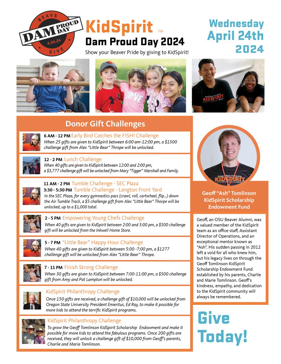 AmyHubertus's tweet photo. Today is Dam Proud Day! Thank you to all who have already given (early birds!) to @OSUKidSpirit  and Geoff's scholarship endowment!
No gift is too small and today's challenges are unlocked based on the number of gifts! 
https://t.co/ezmQNGkV5M #BeavsGive #DamProudDay https://t.co/WXjB056zyo