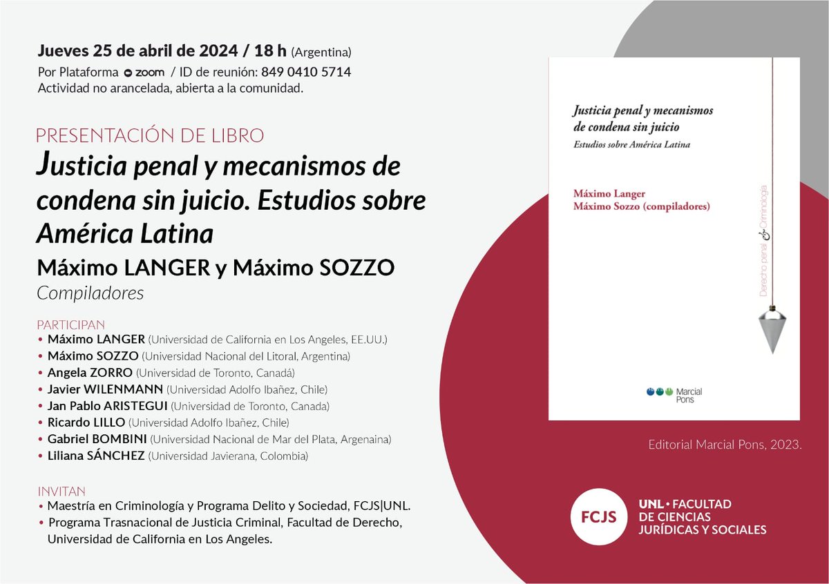 ¡Emocionada por el lanzamiento del libro "Justicia penal y mecanismos de condena sin juicio"! Presentaré mi capítulo "Mujeres, delitos de drogas, preacuerdos y aceptaciones de cargos en Colombia"

25 de abril - 4:00 p.m. (hora Bogotá)
Ingresa aquí unl-edu-ar.zoom.us/j/84904105714