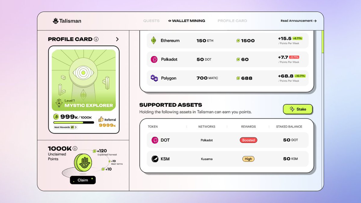 Did you know that you can earn XP in Talisman Quests simply by holding your favourite assets, and staking DOT or KSM? It’s called Wallet Mining, and it’s a new way to earn rewards. Go to quest.talisman.xyz to get started!