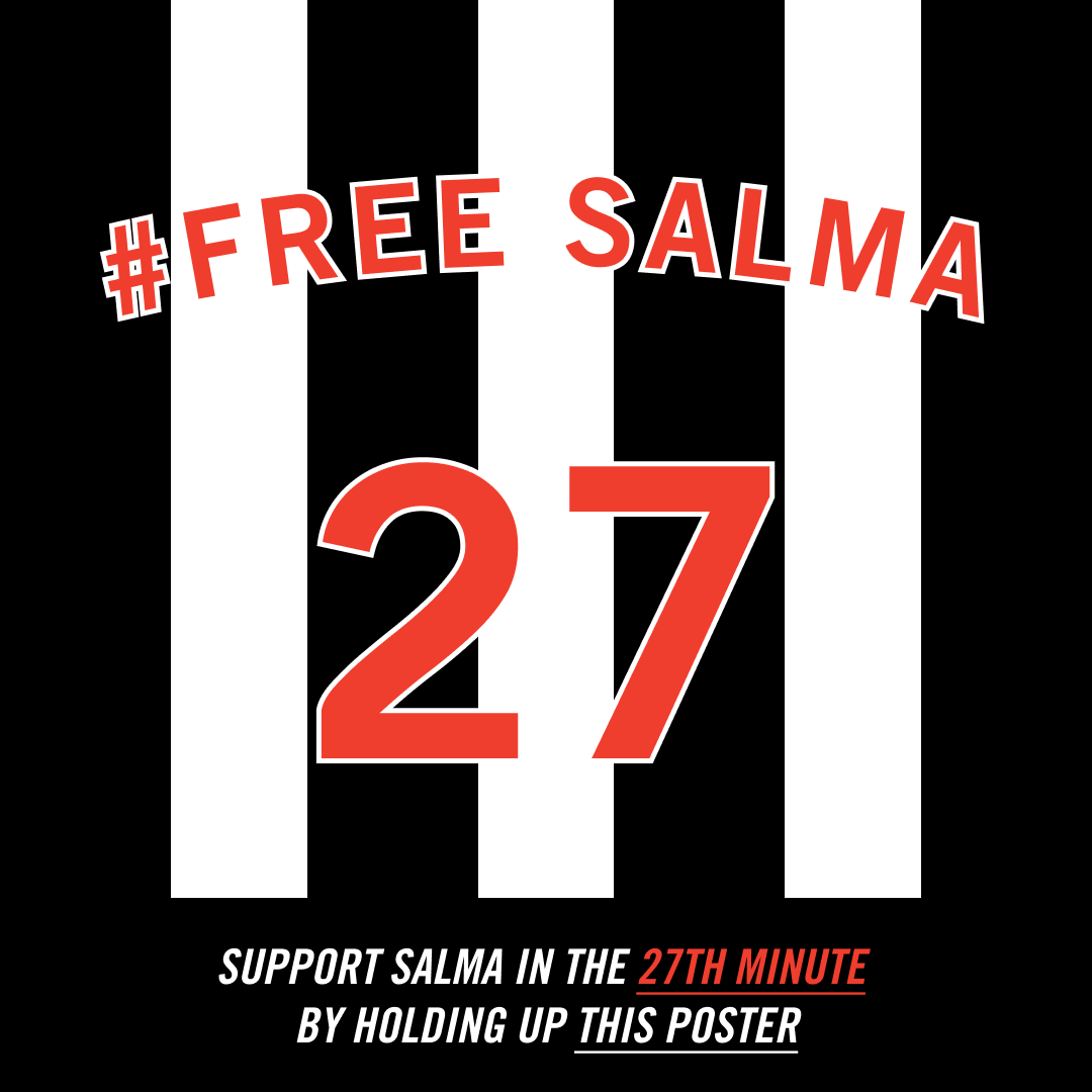 NoSaudiToon's tweet photo. We ask Newcastle and Sheffield United fans to download and display #FREESALMA posters at the match in the 27th minute. 

Salma is in prison for 27 years for retweeting in favour of free speech. 
👇🏽 https://t.co/LzEGIELfZ3
