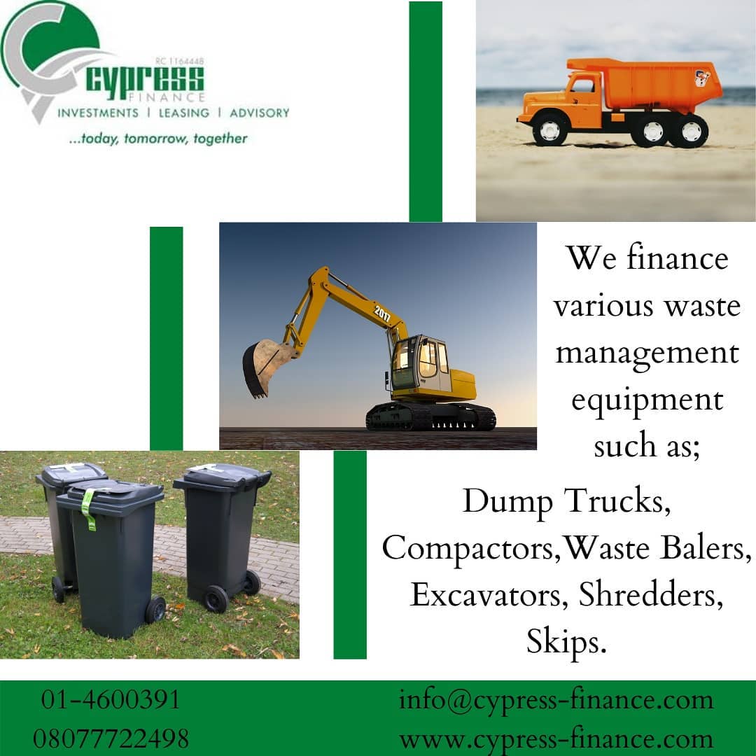 We finance waste management equipment like the dump trucks, compactors, waste balers etc.

For more information;

Contact: 01-4600391, 08077722498
Email: info@cypress-finance.com

#cypressleasing #cypressfinance #cypressrealestate #leasing #leaseit #leasingcompany#wastemanagement