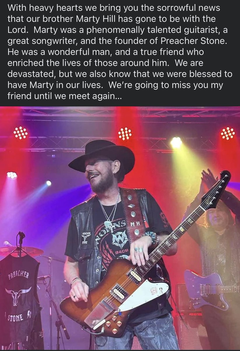 A statement from @PreacherStoneNC on the sad passing of their brother and founding member Marty Hill. Please respect the families/band privacy in this moment. Their UK shows this summer are still going ahead as that is what Marty would have wanted.