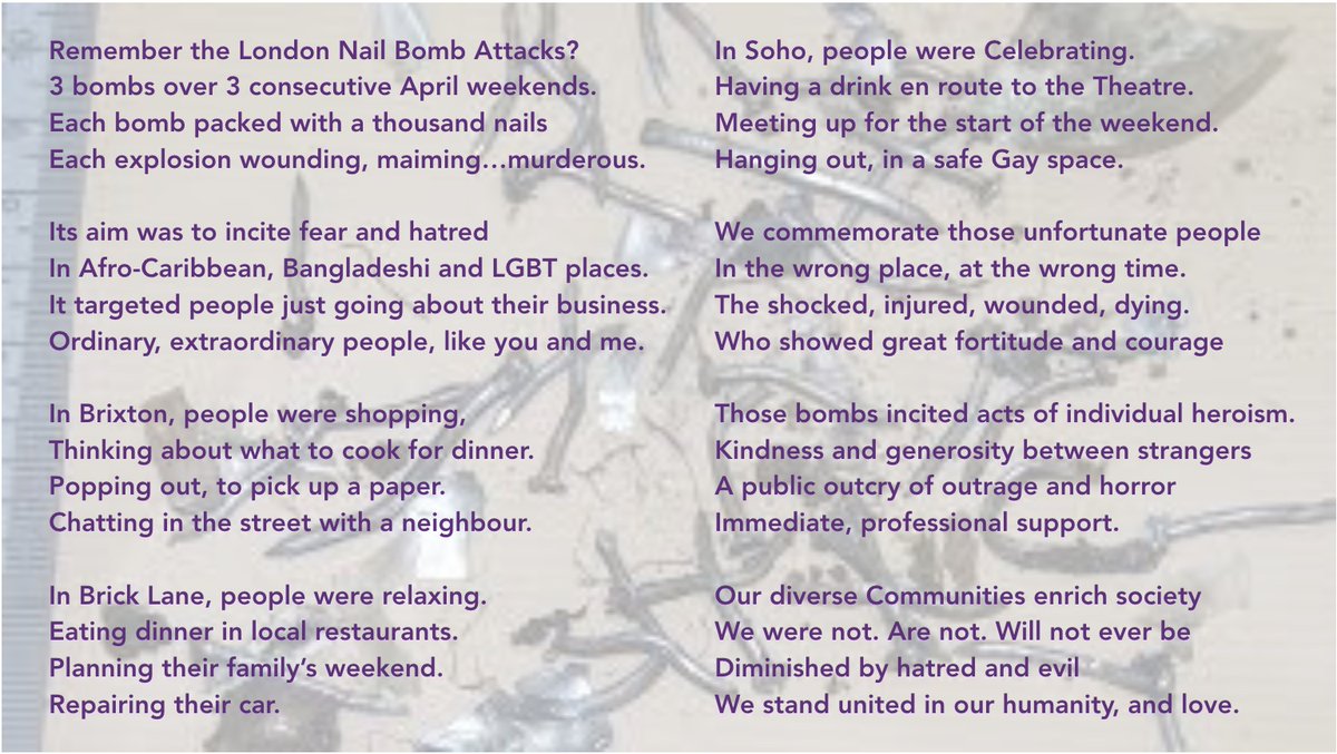 Join us tonight (40 Brick Lane. 6pm) For the 25th anniversary remembrance of the London nail bombings. As we honour with testimonials & poetry, the courage and tenacity of a community undiminished by hatred.