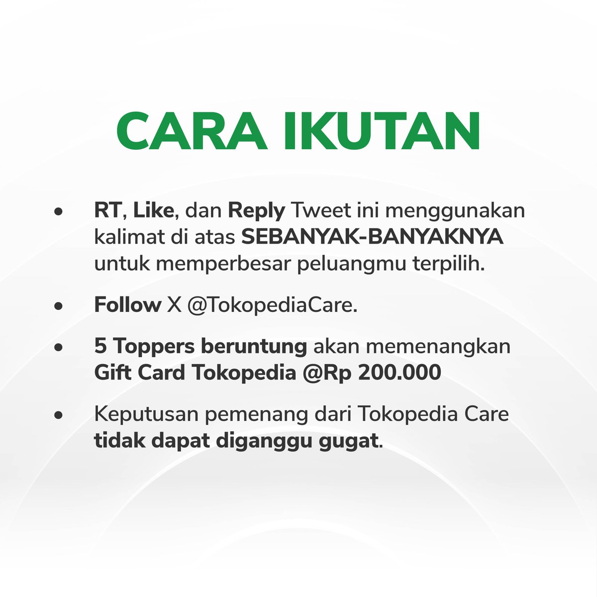 TokopediaCare's tweet image. ✨KEJUTAN BERHADIAH IS BACK!✨

Baca cara ikutannya terlebih dahulu dan Reply menggunakan kalimat ini:

"#SahabatTerbaikToppers yang selalu ada dan selalu bisa diandalkan dalam memberikan solusi dari hati 🥰💚"

Good luck, Toppers!
