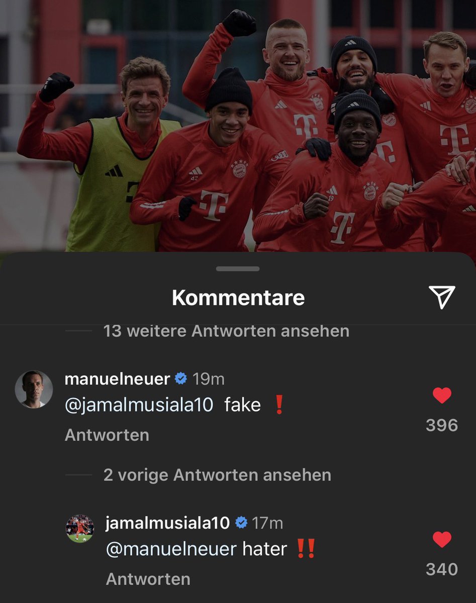 Thomas Müller & Manuel Neuer under the Winner Team Post on Instagram with Jamal Musiala.😭❤️