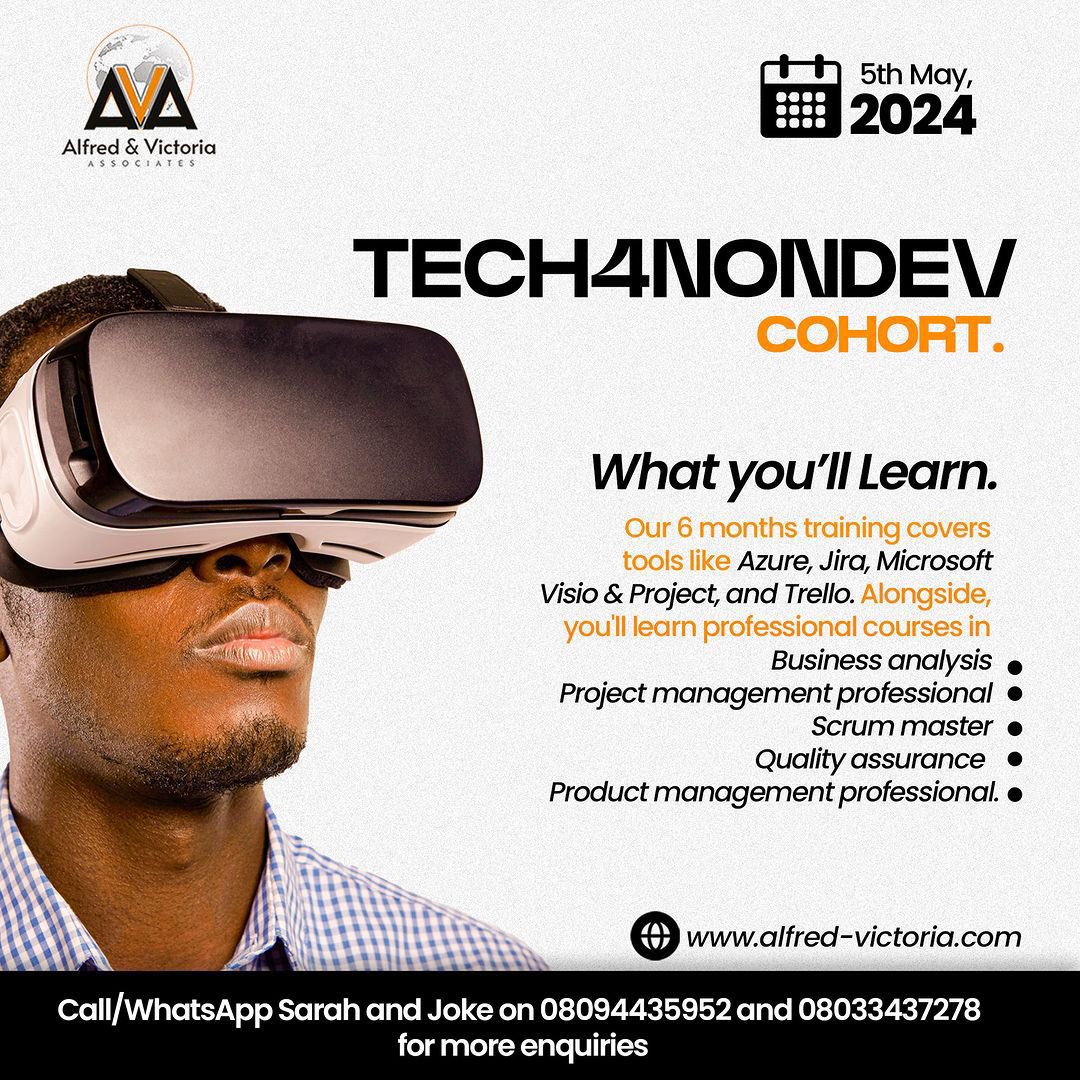 Dive into the tech sphere WITHOUT coding! Join us at the #Tech4NonDev cohort and let your talent shine! Connect with Sarah and Joke at 08094435952 or 08033437278 for more info. Tech at YOUR own pace! 🌟