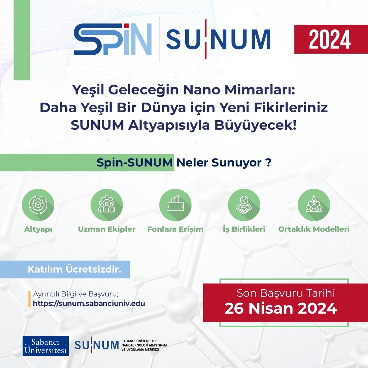 Yeşil Geleceğin Nano Mimarları: Daha Yeşil Bir Dünya İçin Yeni Fikirleriniz SUNUM Altyapısıyla Büyüyecek! 📢 Sürdürülebilir İleri Malzeme Teknolojileri Odaklı Start-up Geliştirme Programı Spin-SUNUM'un Son Başvuru Tarihi 26 Nisan 2024 Başvuru formu için➡️ app.smartsheet.com/b/form/6a0975f…