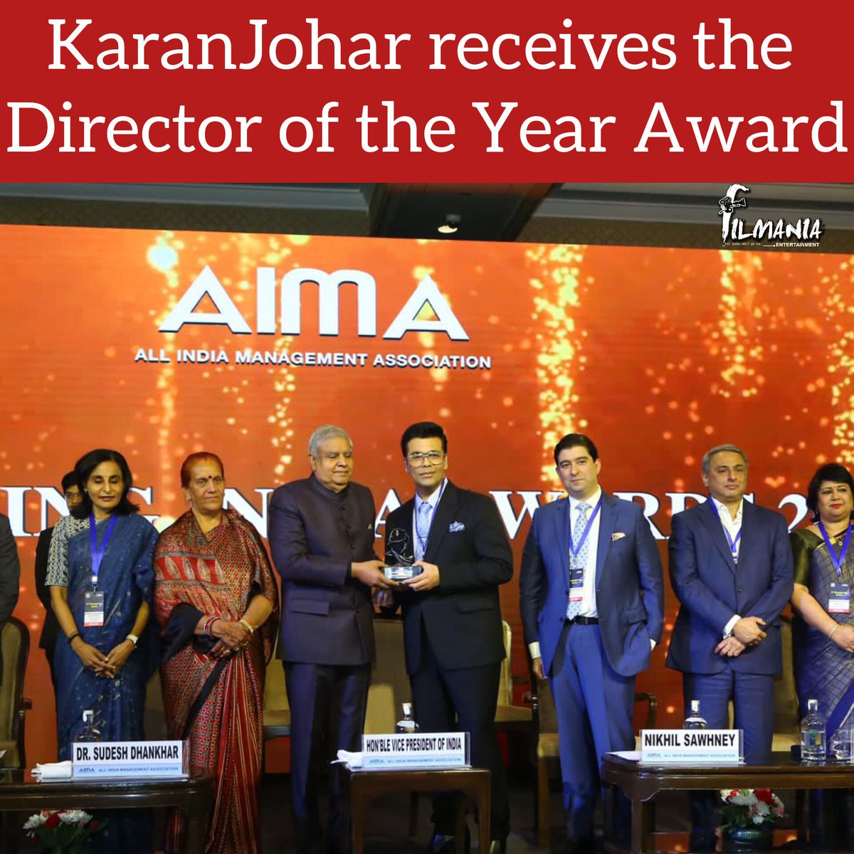 Recognition for cinematic excellence! Filmmaker #KaranJohar receives the Director of the Year Award for #RockyAurRaniKiiPremKahaani by the honourable Vice President Jagdeep Dhankar at AIMA's 14th Managing India Awards. 🙌🏼