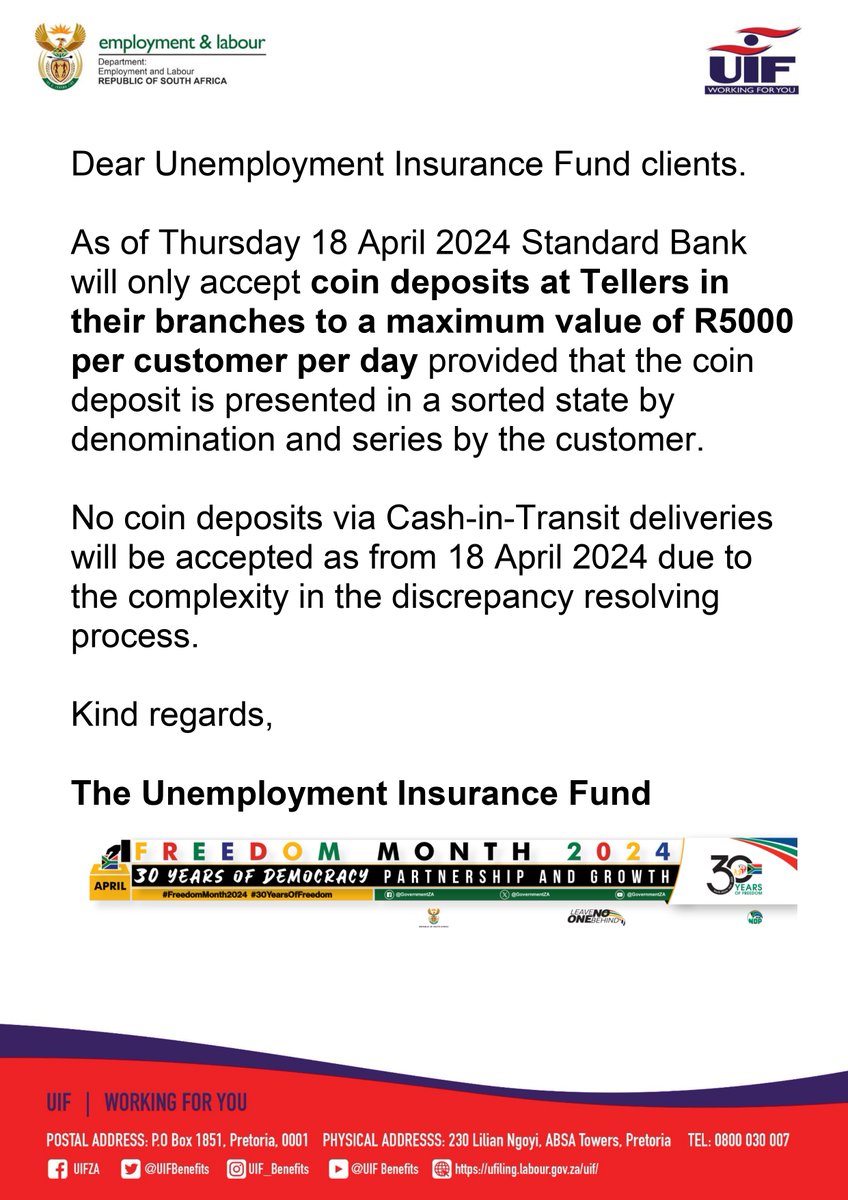 Dear #UIF clients, kindly take note of this note regarding the depositing of coins at @StandardBankZA

#UIF #WorkingForYou