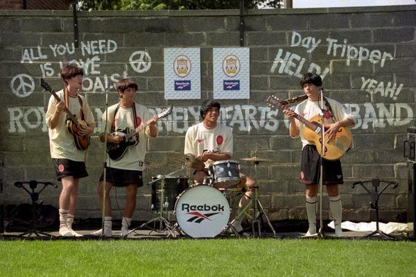 Steve McManaman, Rob Jones, Stan Collymore and Jason McAteer launch Liverpool's new away kit, 1996.