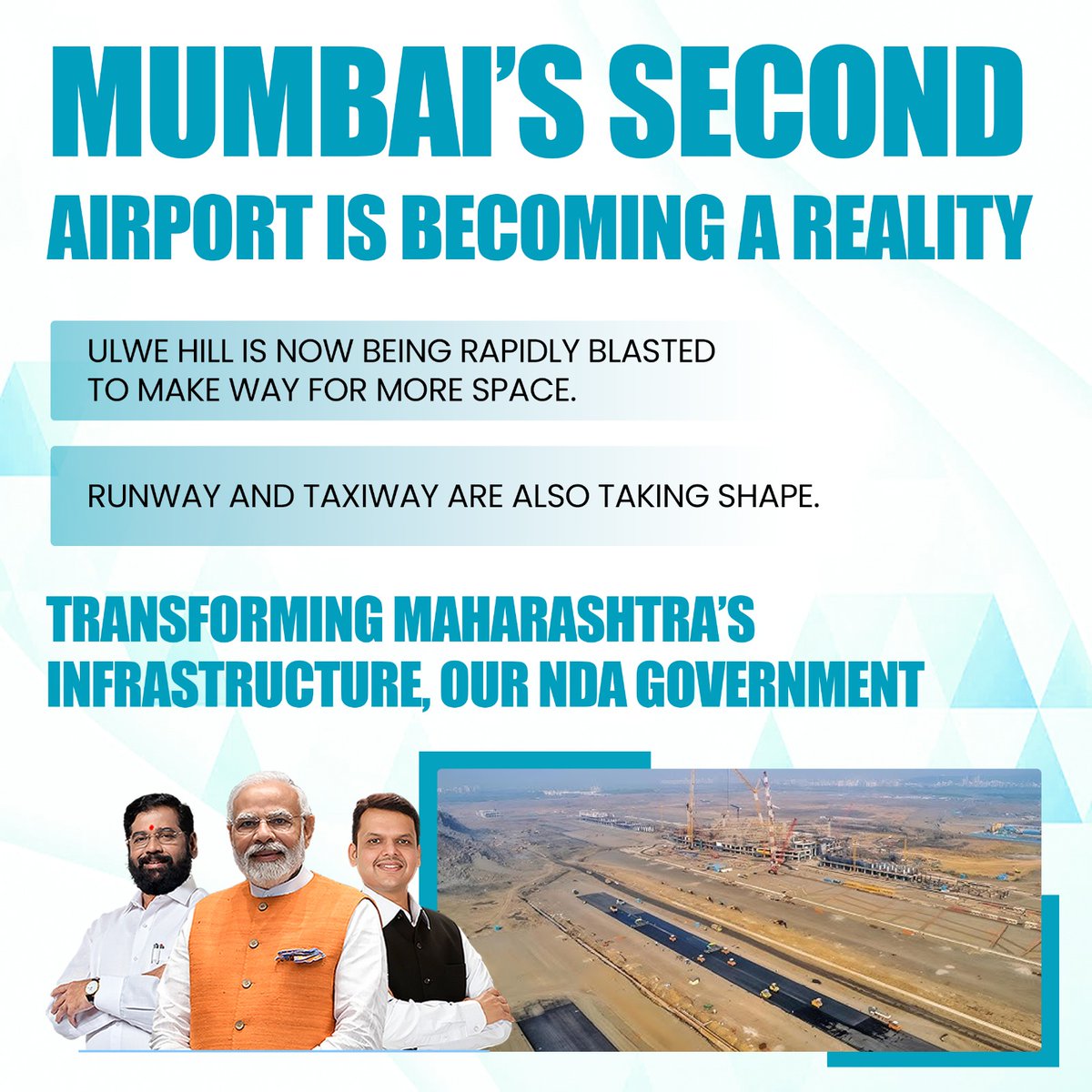 The transformation of Ulwe Hill into Mumbai's second airport is a testament to the city's growth and vision for the future. As runways and taxiways take shape, we commend CM Eknath Shinde Govt for their unwavering commitment to enhancing Mumbai's connectivity
