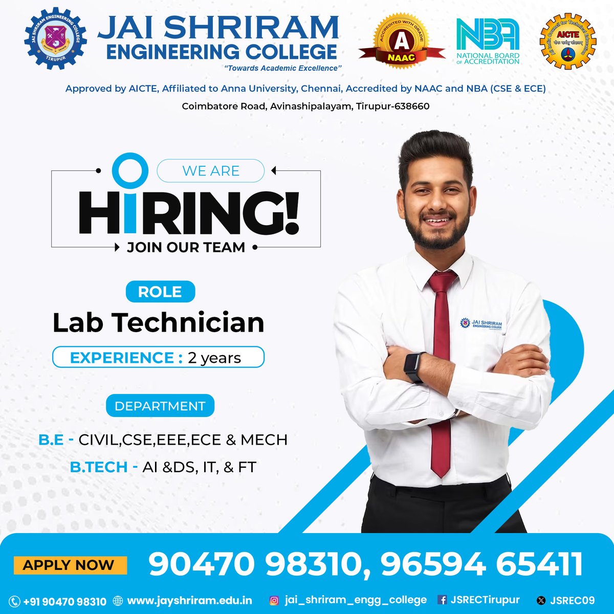 JSREC09's tweet image. We are Hiring Join Our Team

✅Role : Lab Technician
✅Experience : 2 Years

#jaishriramengineeringcollege #JSREC #college #annauniversity #engineering #student #placement #job #ece #cse #tirupur #culturals #event