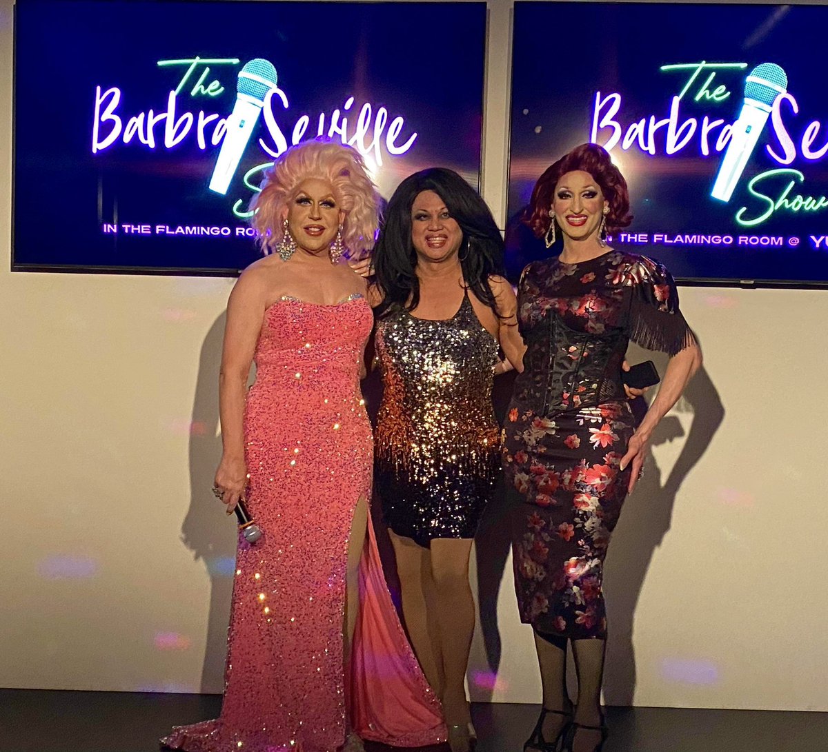 thedevinaross's tweet photo. The cast of The Barbra Seville Show at Yumbar at The Royale last Saturday! Barbra Seville, me and Emory Starr! https://t.co/SbBR3QOwgJ