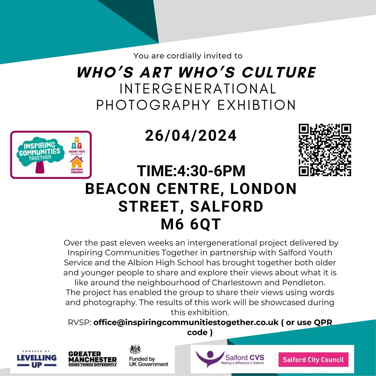 Excited to unveil the results of an inspiring 11-week intergenerational project by Inspiring Communities Together with Salford Youth Service & Albion High School. Join us to explore Charlestown & Pendleton through the eyes of our community! #PhotographyExhibition #CommunityArt