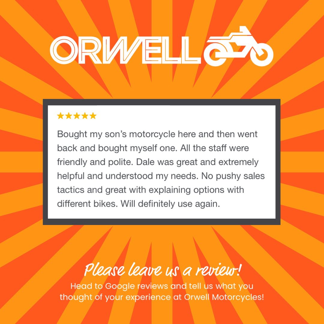 ⭐️⭐️⭐️⭐️⭐️
Thank you for the 5 stars!🤩

We really appreciate every review we receive - it really does help!
Please feel free to tell us all about your experience at Orwell Motorcycles by leaving a Google review!🏍️😁 

#fivestarreviews #orwellmotorcyclesltd