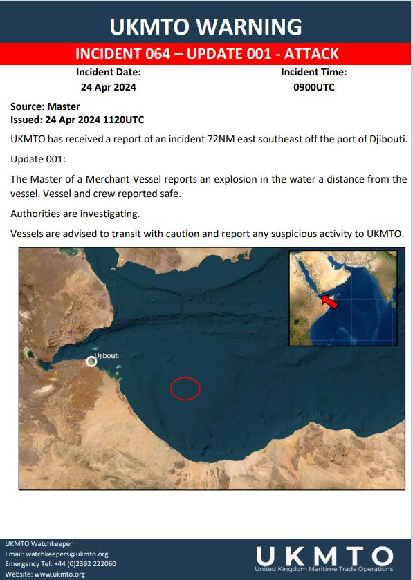 🚨🇾🇪 BREAKING: 
A suspected Houthi attack in the Gulf of Aden involved an explosion near a ship, 72 nautical miles east southeast of Djibouti. The incident, believed to be caused by a missile or drone, resulted in no reported damage or injuries. 

 #GulfOfAden #maritimesecurity…