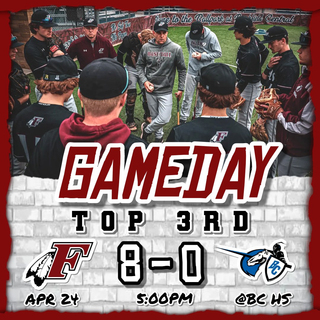 MFallsBaseball's tweet photo. ⚾️ GAMEDAY! ⚾️ 

The FALLS are going BACK to Brookfield Central High School to finish their suspended game from Thursday. The game will resume play at 5:00pm with the FALLS having an 8-0 lead in the top of the 3rd inning with 1 out.

#GoFalls #TeamTogether #Team103 https://t.co/osgPNJxQgI